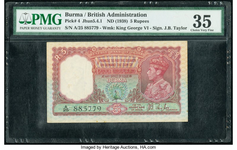 Burma Reserve Bank of India 5 Rupees ND (1938) Pick 4 Jhun5.4.1 PMG Choice Very ...