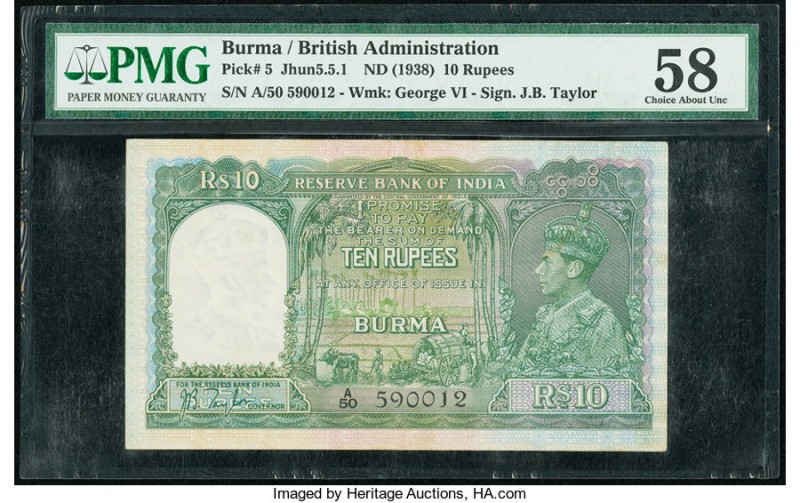 Burma Reserve Bank of India 10 Rupees ND (1938) Pick 5 Jhun5.5.1 PMG Choice Abou...