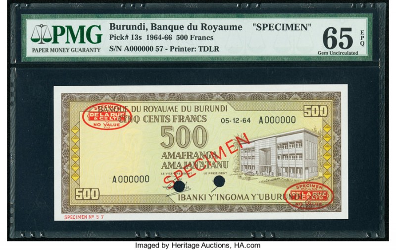 Burundi Banque du Royaume du Burundi 500 Francs 5.12.1964 Pick 13s Specimen PMG ...