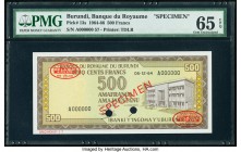 Burundi Banque du Royaume du Burundi 500 Francs 5.12.1964 Pick 13s Specimen PMG Gem Uncirculated 65 EPQ. Two POCs.

HID09801242017