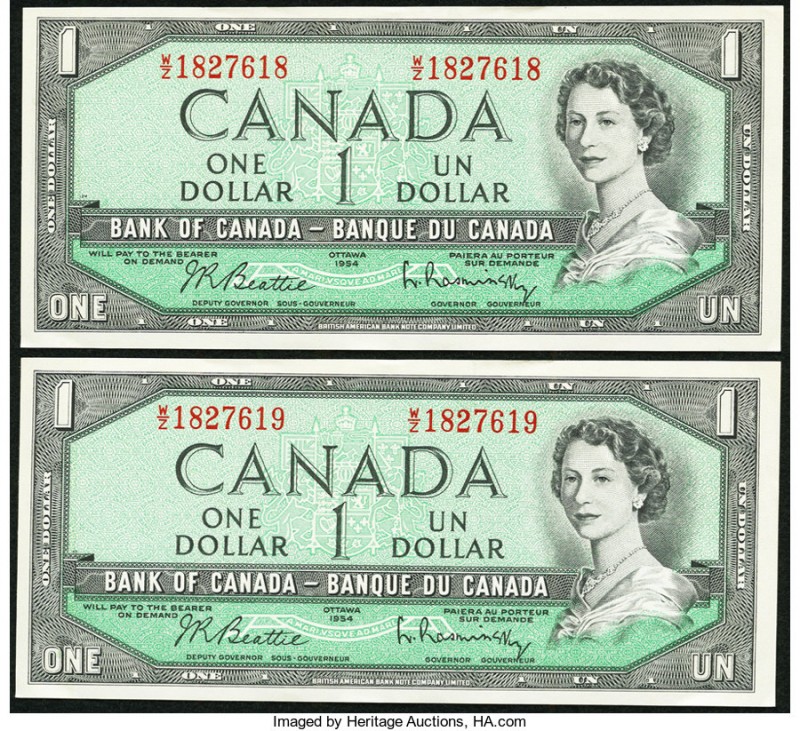 Canada Bank of Canada $1 1954 BC-37b-1 Two Consecutive Examples Choice About Unc...