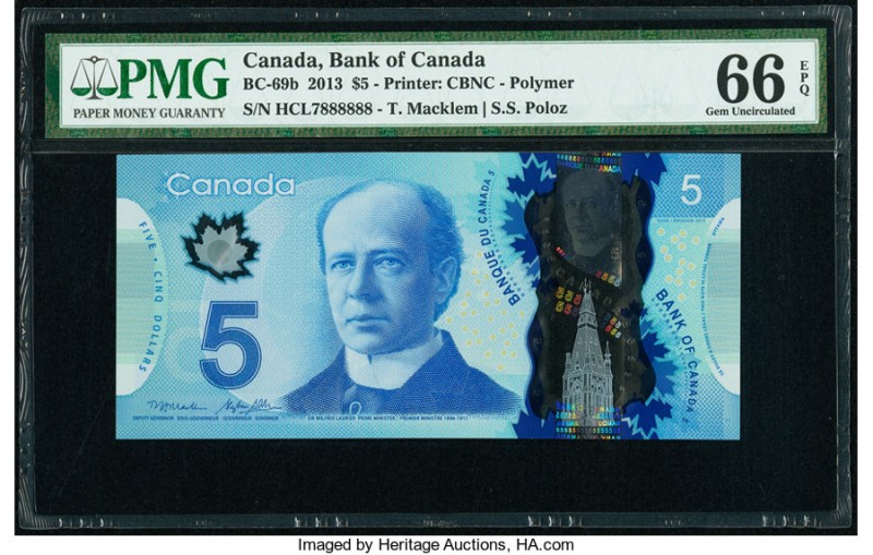Near Solid Serial Number Canada Bank of Canada $5 2013 BC-69b PMG Gem Uncirculat...