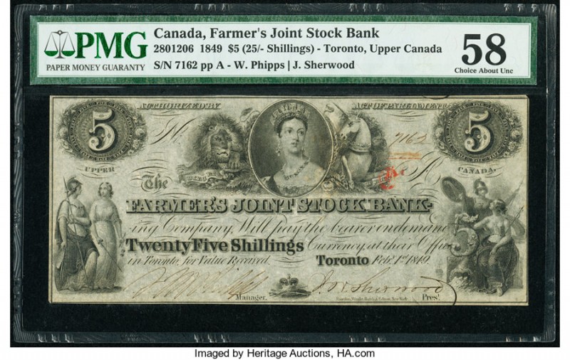 Canada Toronto, UC- Farmers' Joint Stock Bank $5 (25 Shillings) 1.2.1849 Ch.# 28...