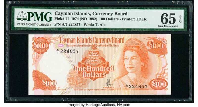 Cayman Islands Currency Board 100 Dollars 1974 (ND 1982) Pick 11 PMG Gem Uncircu...
