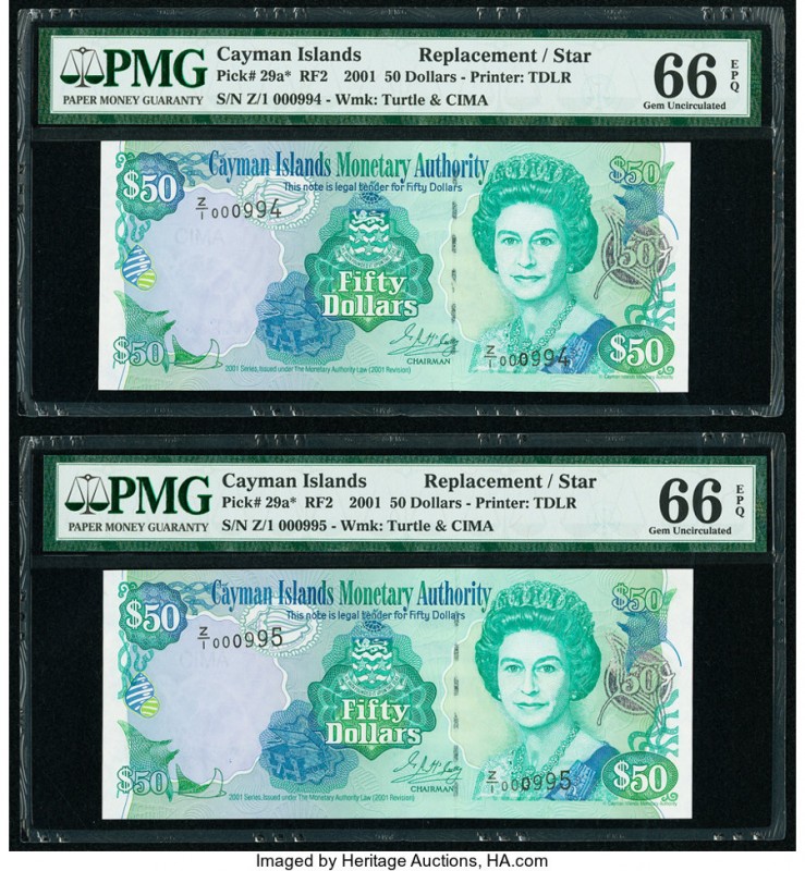 Cayman Islands Monetary Authority 50 Dollars 2001 Pick 29a* Two Consecutive Repl...