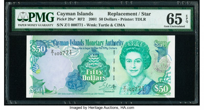 Cayman Islands Monetary Authority 50 Dollars 2001 Pick 29a* Replacement PMG Gem ...