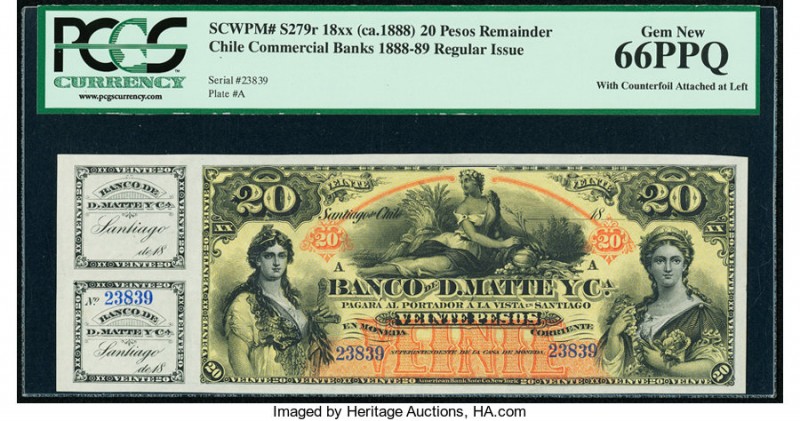 Chile Banco de D. Matte y Ca. 20 Pesos 18xx (ca. 1888) Pick S279r Remainder With...