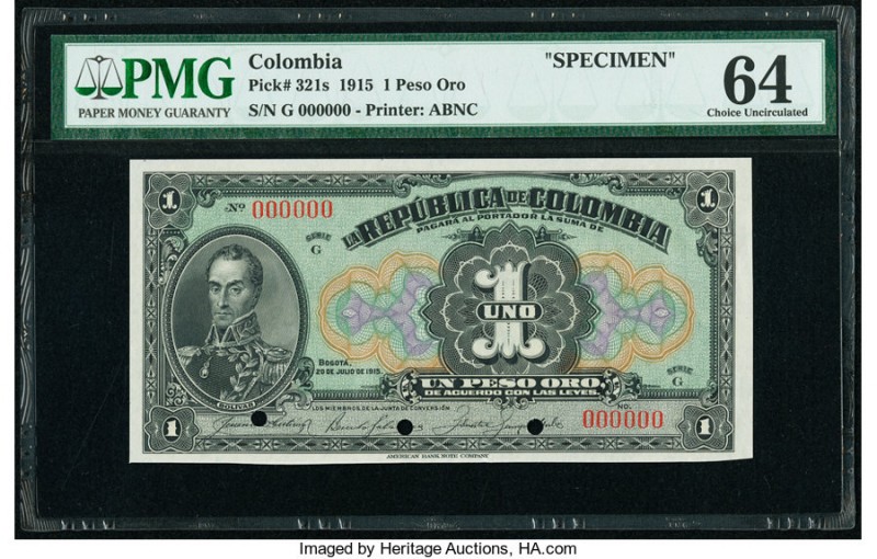 Colombia Banco de la Republica 1 Peso Oro 20.7.1915 Pick 321s Specimen PMG Choic...