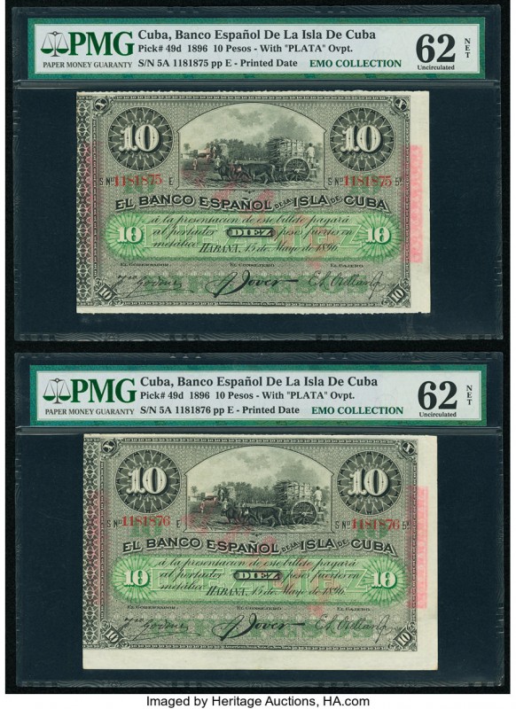 Cuba Banco Espanol De La Isla De Cuba 10 Pesos 1896 Pick 49d Two Consecutive Exa...