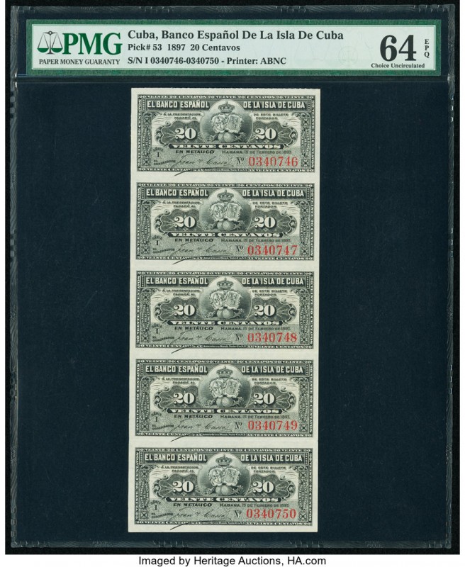 Cuba Banco Espanol De La Isla De Cuba 20 Centavos 15.2.1897 Pick 53 Uncut Sheet ...