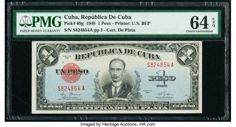 Cuba Republica de Cuba 1 Peso 1948 Pick 69g PMG Choice Uncirculated 64 EPQ. 

HI...