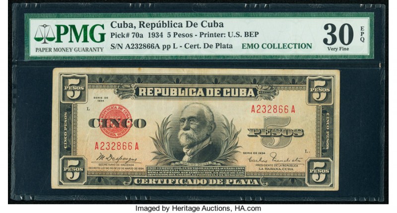Cuba Republica de Cuba 5 Pesos 1934 Pick 70a PMG Very Fine 30 EPQ. 

HID09801242...