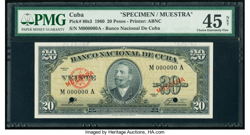 Cuba Banco Nacional de Cuba 20 Pesos 1960 Pick 80s3 Specimen PMG Choice Extremel...