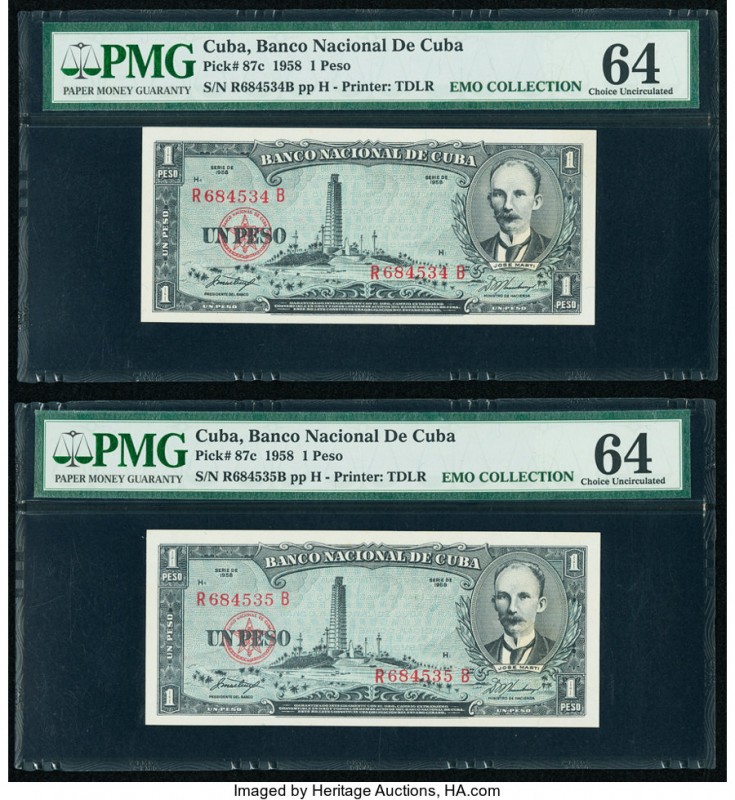 Cuba Banco Nacional de Cuba 1 Peso 1958 Pick 87c Two Consecutive Examples PMG Ch...