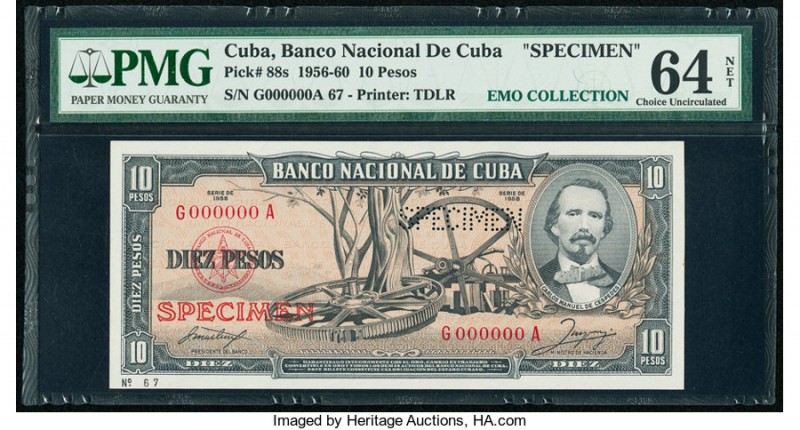 Cuba Banco Nacional de Cuba 10 Pesos 1958 Pick 88s2 Specimen PMG Choice Uncircul...