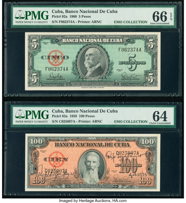 Cuba Banco Nacional de Cuba 5; 100 Pesos 1960; 1959 Pick 92a; 93a PMG Gem Uncirc...