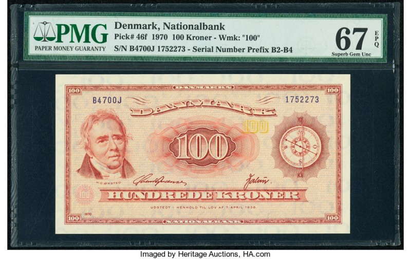 Denmark National Bank 100 Kroner 7.4.1970 Pick 46f PMG Superb Gem Unc 67 EPQ. 

...