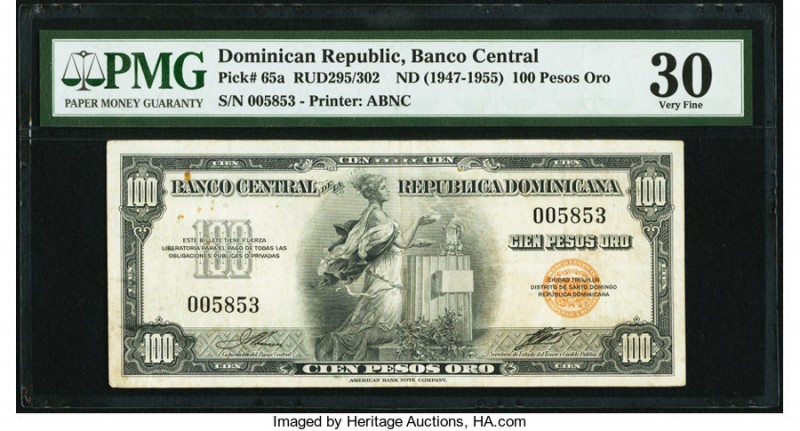 Dominican Republic Banco Central 100 Pesos Oro ND (1947-55) Pick 65a PMG Very Fi...