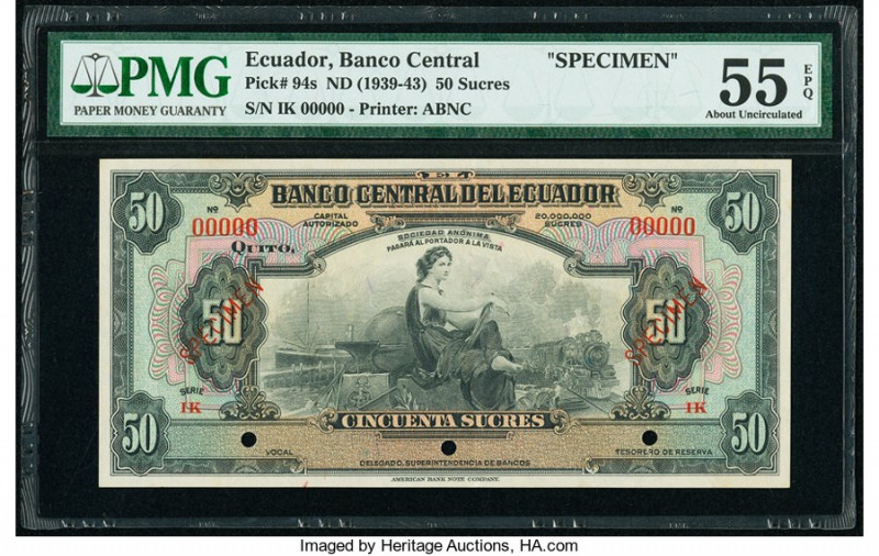 Ecuador Banco Central del Ecuador 50 Sucres ND (1939-43) Pick 94s Specimen PMG A...