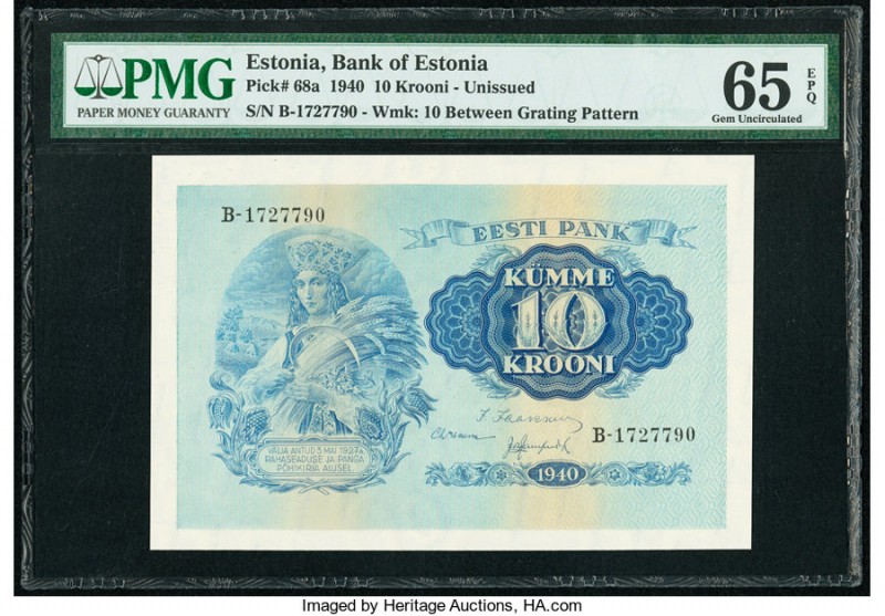 Estonia Bank of Estonia 10 Krooni 1940 Pick 68a PMG Gem Uncirculated 65 EPQ. 

H...