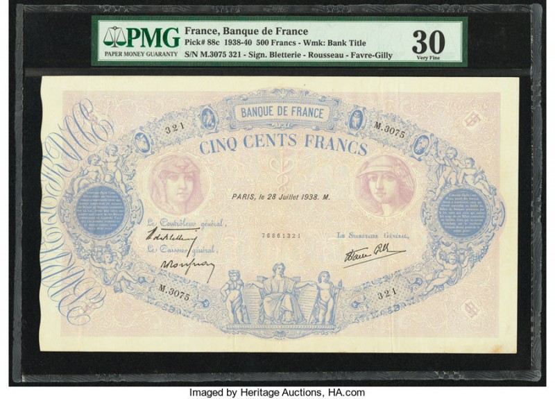 France Banque de France 500 Francs 28.7.1938 Pick 88c PMG Very Fine 30. 

HID098...