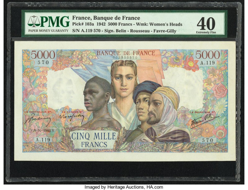 France Banque de France 5000 Francs 8.10.1942 Pick 103a PMG Extremely Fine 40. P...