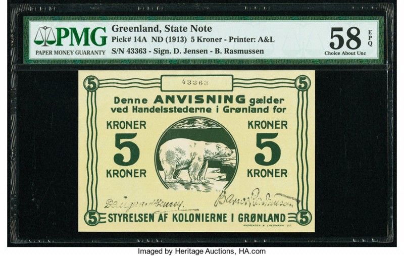 Greenland State Note 5 Kroner ND (1913) Pick 14A PMG Choice About Unc 58 EPQ. 

...