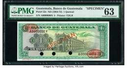 Guatemala Banco de Guatemala 1 Quetzal ND (1964-72) Pick 52s Specimen PMG Choice Uncirculated 63. Three POCs; red Specimen overprints; previously moun...
