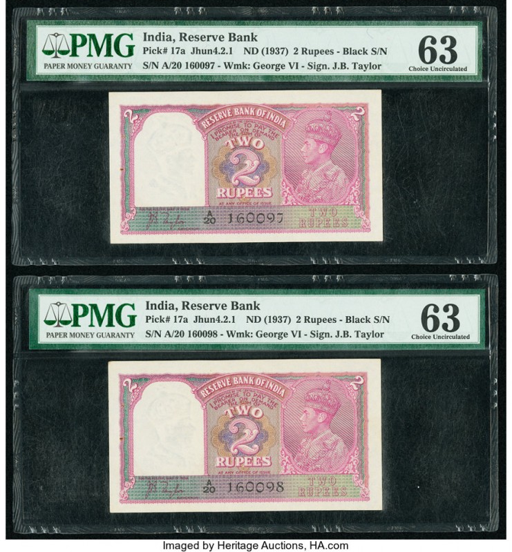 India Reserve Bank of India 2 Rupees ND (1937) Pick 17a Jhun4.2.1 Two Consecutiv...