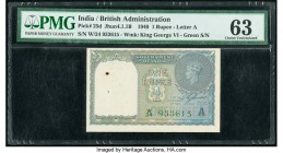 India Government of India 1 Rupee 1940 Pick 25d Jhun4.1.1B PMG Choice Uncirculated 63. Staple holes at issue, minor rust.

HID09801242017