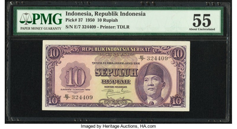 Indonesia Republik Indonesia 10 Rupiah 1.1.1950 Pick 37 PMG About Uncirculated 5...