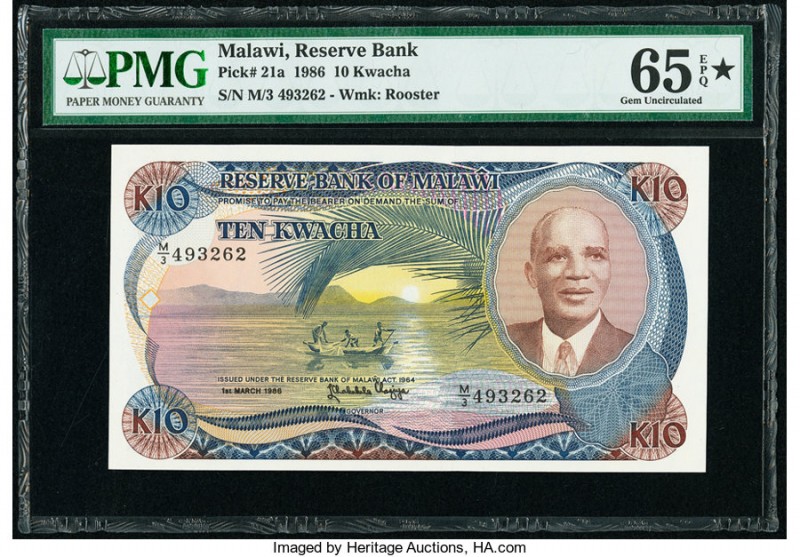 Malawi Malawi Reserve Bank 10 Kwacha 1.3.1986 Pick 21a PMG Gem Uncirculated 65 E...