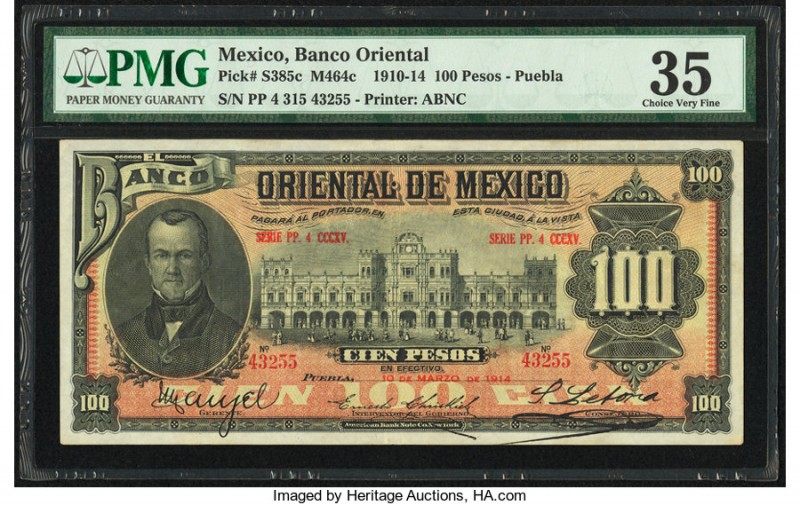 Mexico Banco Oriental 100 Pesos 10.3.1914 Pick S385c M464c PMG Choice Very Fine ...