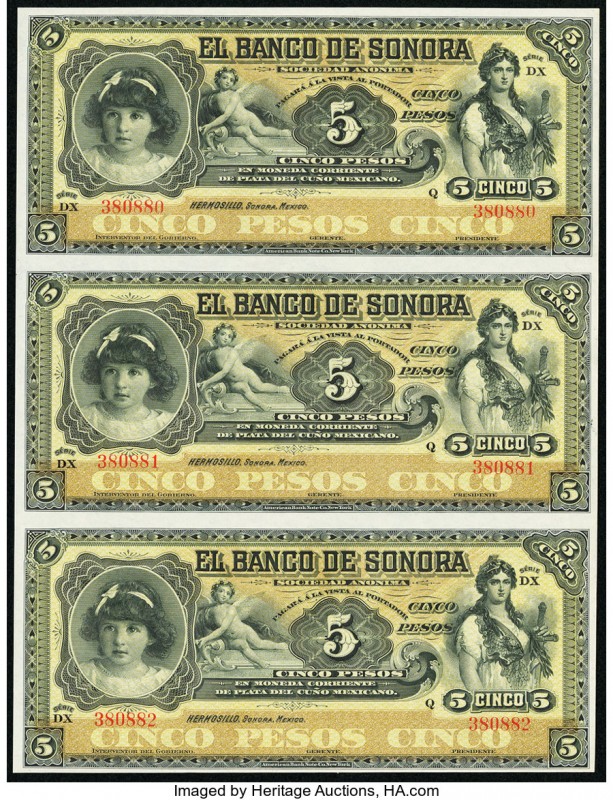 Mexico Banco de Sonora 5 Pesos ND (1897-1911) Pick S419r s M507r Uncut Sheet of ...