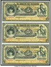 Mexico Banco de Sonora 5 Pesos ND (1897-1911) Pick S419r s M507r Uncut Sheet of Three Remainder Notes Crisp Uncirculated. 

HID09801242017