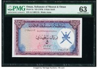 Oman Sultanate of Muscat and Oman 5 Rials Saidi ND (1970) Pick 5a PMG Choice Uncirculated 63. 

HID09801242017