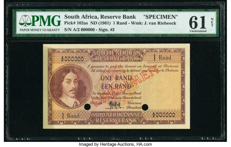 South Africa South African Reserve Bank 1 Rand ND (1961) Pick 102as Specimen PMG...