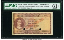 South Africa South African Reserve Bank 1 Rand ND (1961) Pick 102as Specimen PMG Uncirculated 61 Net. Previously mounted, two POCs.

HID09801242017