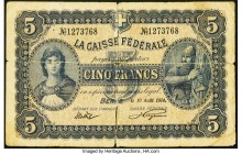 Switzerland Federal Treasury 5 Francs 10.8.1914 Pick 15 Good. Splits.

HID09801242017