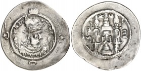 Año 10 (588 d.C.). Imperio Sasánida. Hormazd IV. AU (Auhrmazd Shahr). Dracma. (Mitchiner A. & C. W. 1081-2 sim). 3,70 g. MBC+.