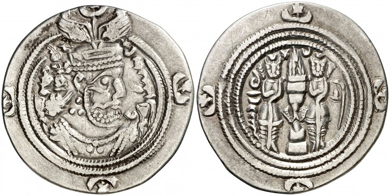 Año 35 (625 d.C.). Imperio Sasánida. Kushru II. GN (Gandishahpuhr). Dracma. (Mit...