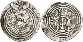 Año 29 (589 d.C.). Imperio Sasánida. Kushru II. RKhA (Bakhal). Dracma. (Mitchiner A. & C. W. 1206 sim). 2,64 g. MBC.
