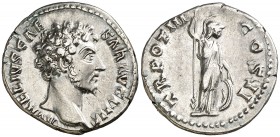 (148-149 d.C.). Marco Aurelio. Denario. (Spink 4787 var) (S. 618) (RIC. 444, de Antonino pío). 3,32 g. Ex Colección Manuela Etcheverría. MBC+.