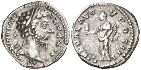 (169 d.C.). Marco Aurelio. Denario. (Spink 4914) (S. 412) (RIC. 206). 3,30 g. Ex Colección Manuela Etcheverría. MBC+.
