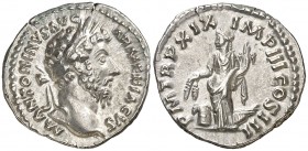 (165 d.C.). Marco Aurelio. Denario. (Spink 4922) (S. 484) (RIC. 142). 3,53 g. Ex Colección Manuela Etcheverría. EBC-.