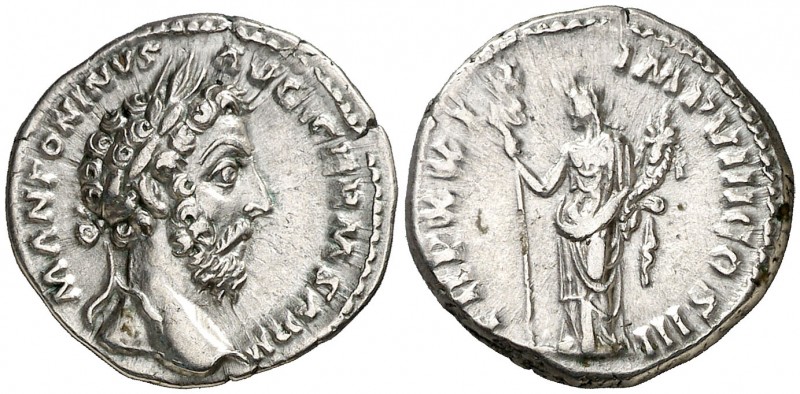 (175 d.C.). Marco Aurelio. Denario. (Spink falta) (S. 920) (RIC. 330). 3,59 g. E...