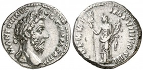 (175 d.C.). Marco Aurelio. Denario. (Spink falta) (S. 920) (RIC. 330). 3,59 g. Ex Colección Manuela Etcheverría. MBC+.