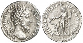 (177 d.C.). Marco Aurelio. Denario. (Spink 4943 var) (S. 944) (RIC. 373). 3,13 g. Ex Colección Manuela Etcheverría. MBC+.