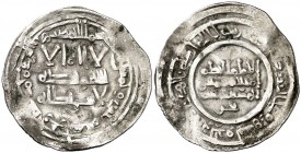 AH 351. Califato. Al-Hakem II. Medina Azzahra. Dirhem. (V. 448) (Fro. 5). 2,24 g. Esta variante con Yahya es muy rara. MBC.