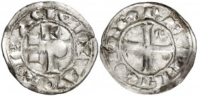 Ramon VI (1194-1222) y Ramon VII (1222-1249). Tolosa. Diner. (Cru.Occitània 80). 1,11 g. La leyenda de anverso comienza a las 3h del reloj. MBC.